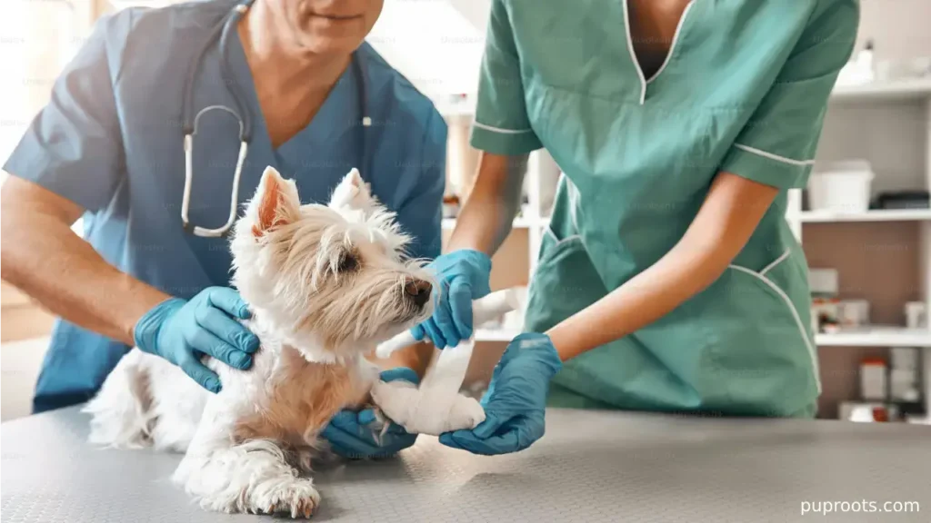 Small dog on table during veterinarian consultation