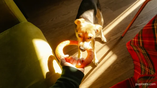 Small dog playing with toy on the floor