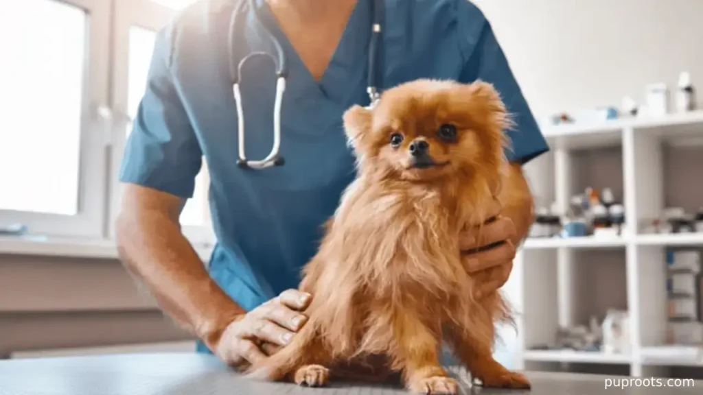 Vet examining small dog in clinic to assess joints