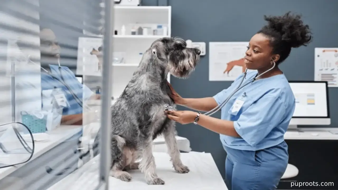 Veterinarian-using-stethoscope-on-small-dog